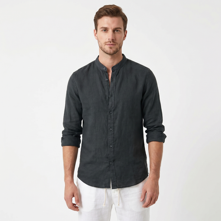Men's Linen Band Collar Shirt Long Sleeve Button-Down Slim Fit Casual Summer