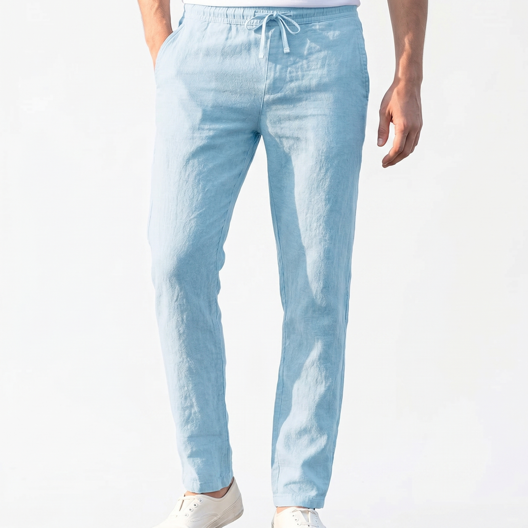 Men's Linen Drawstring Trousers Slim Tapered Fit Elastic Waist Casual Summer