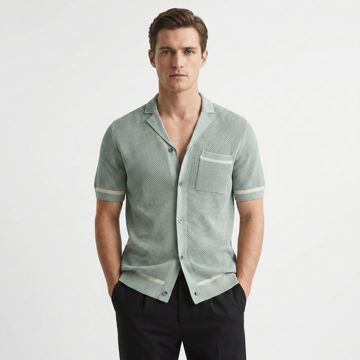 Men's Open Knit Button-Down Shirt Short Sleeve Cuban Collar Slim Fit Summer