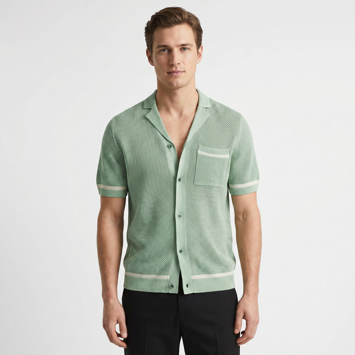 Men's Open Knit Button-Down Shirt Short Sleeve Cuban Collar Slim Fit Summer