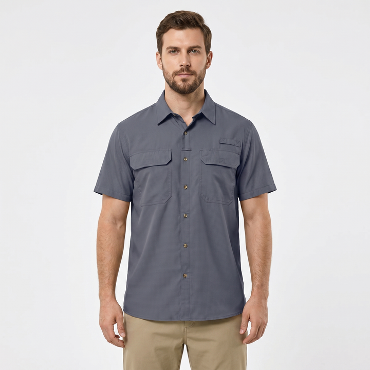 Men's Short Sleeve Fishing Shirt Quick-Dry Dual Chest Pockets Outdoor Casual