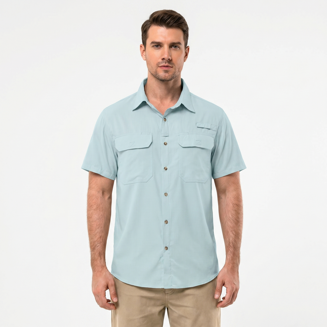 Men's Short Sleeve Fishing Shirt Quick-Dry Dual Chest Pockets Outdoor Casual