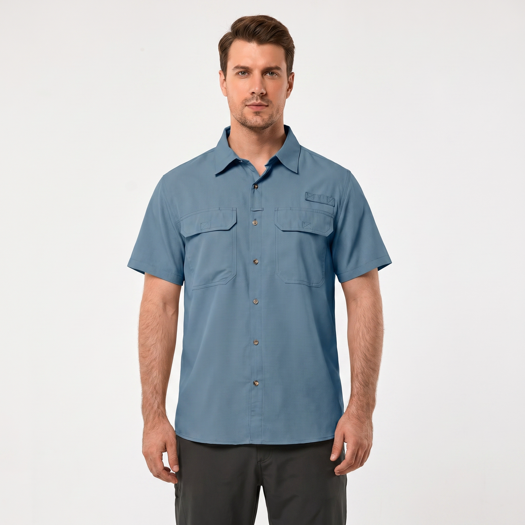 Men's Short Sleeve Fishing Shirt Quick-Dry Dual Chest Pockets Outdoor Casual