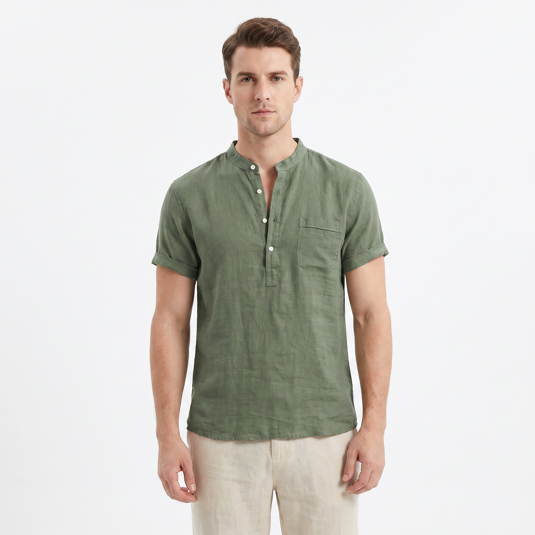 Men's Linen Short Sleeve Henley Shirt Band Collar Chest Pocket Casual Summer