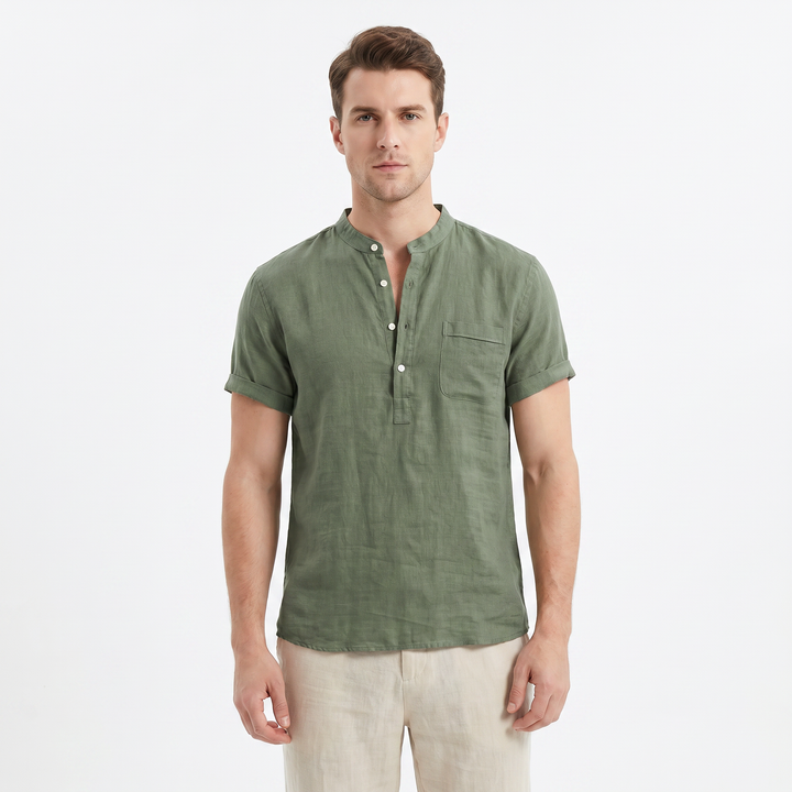 Men's Linen Short Sleeve Henley Shirt Band Collar Chest Pocket Casual Summer