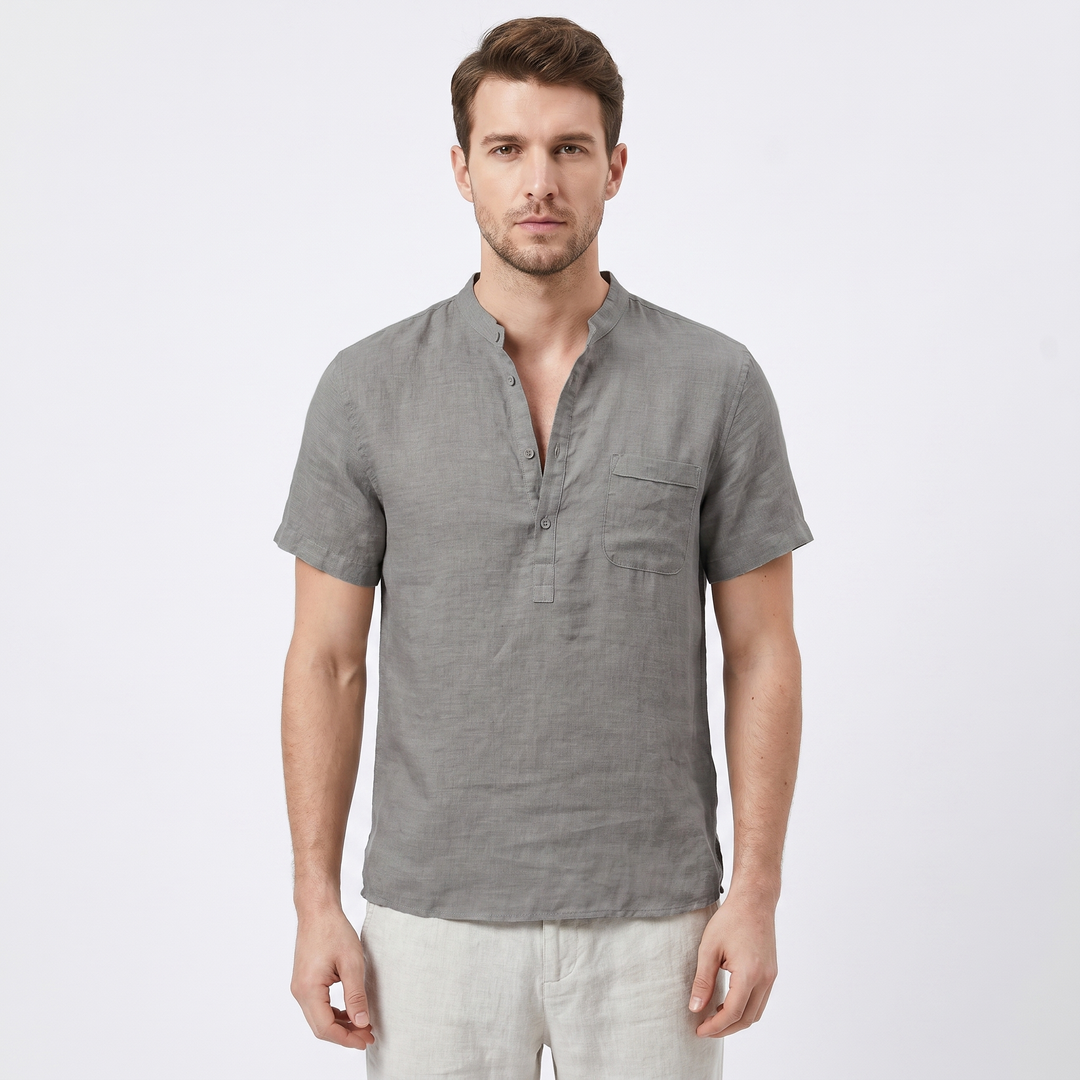 Men's Linen Short Sleeve Henley Shirt Band Collar Chest Pocket Casual Summer
