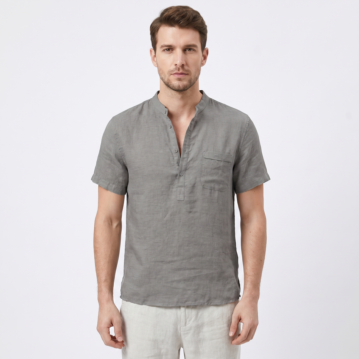 Men's Linen Short Sleeve Henley Shirt Band Collar Chest Pocket Casual Summer