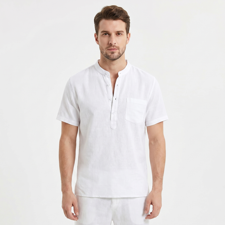 Men's Linen Short Sleeve Henley Shirt Band Collar Chest Pocket Casual Summer