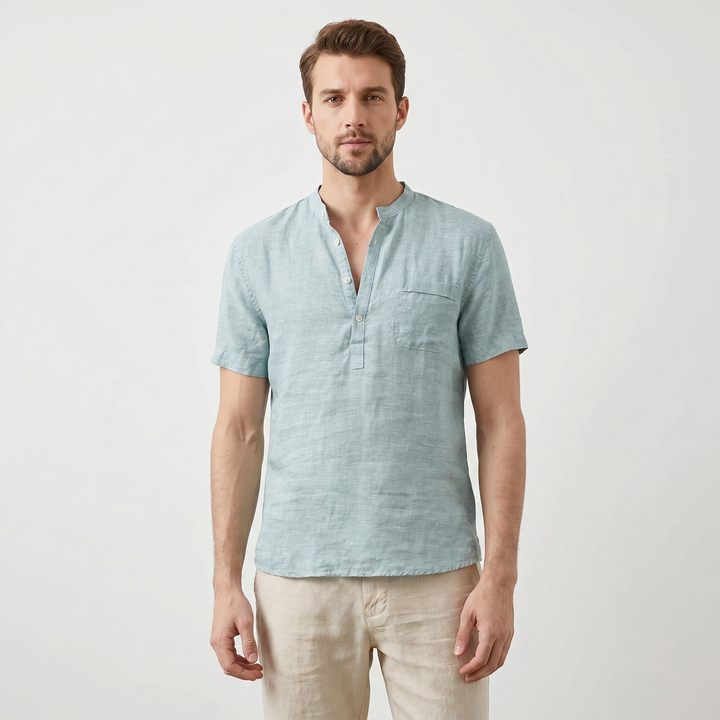 Men's Linen Short Sleeve Henley Shirt Band Collar Chest Pocket Casual Summer