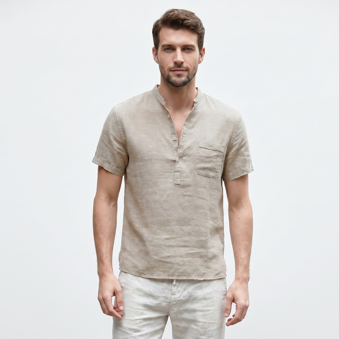 Men's Linen Short Sleeve Henley Shirt Band Collar Chest Pocket Casual Summer