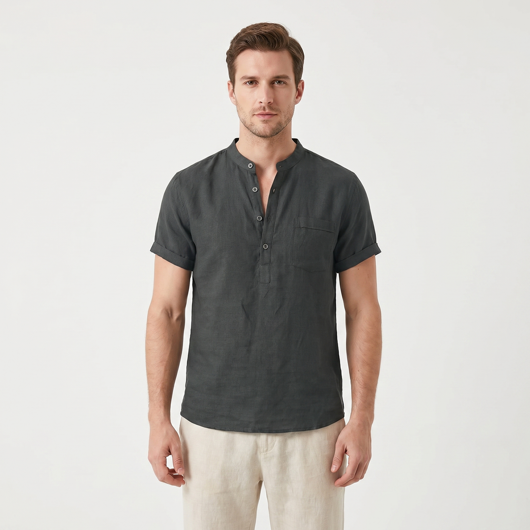 Men's Linen Short Sleeve Henley Shirt Band Collar Chest Pocket Casual Summer