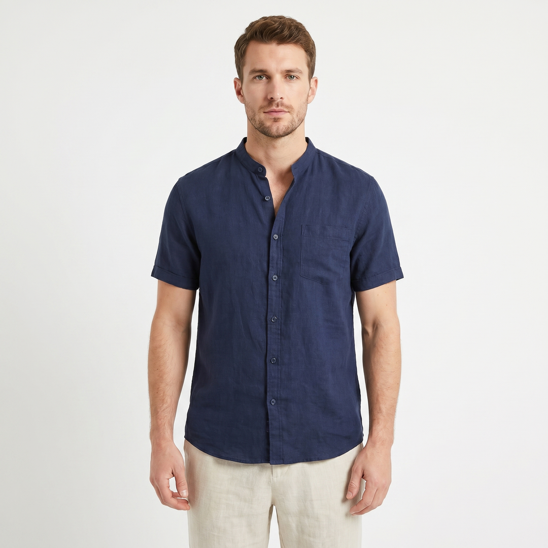 Men's Linen Short Sleeve Henley Shirt Band Collar Chest Pocket Casual Summer