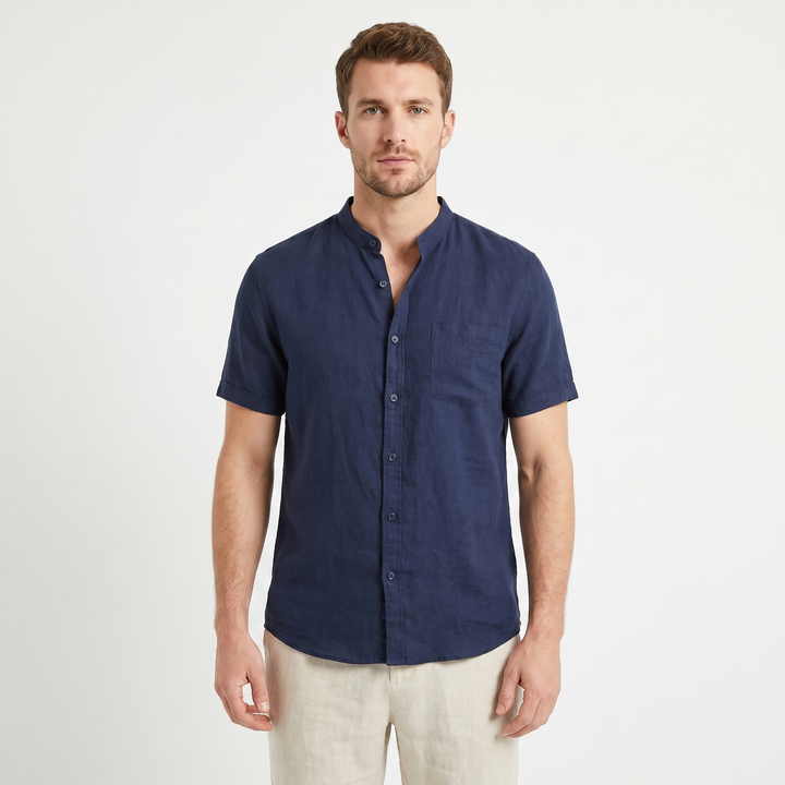 Men's Linen Short Sleeve Henley Shirt Band Collar Chest Pocket Casual Summer