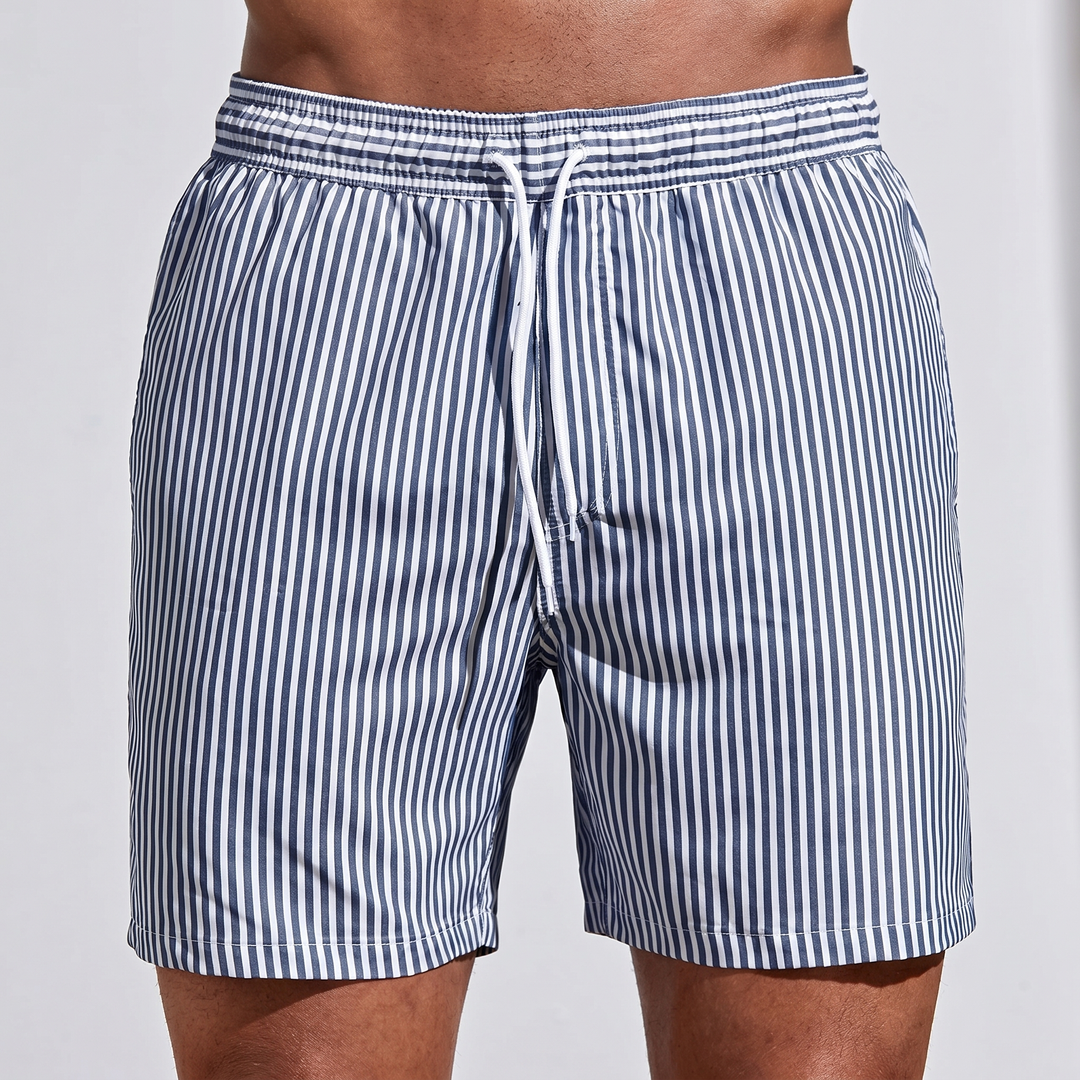 Men's Stripe Swim Shorts Quick-Dry Drawstring Beach Swimwear Trunks Short Length