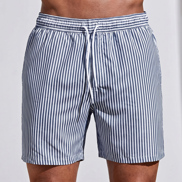Men's Stripe Swim Shorts Quick-Dry Drawstring Beach Swimwear Trunks Short Length