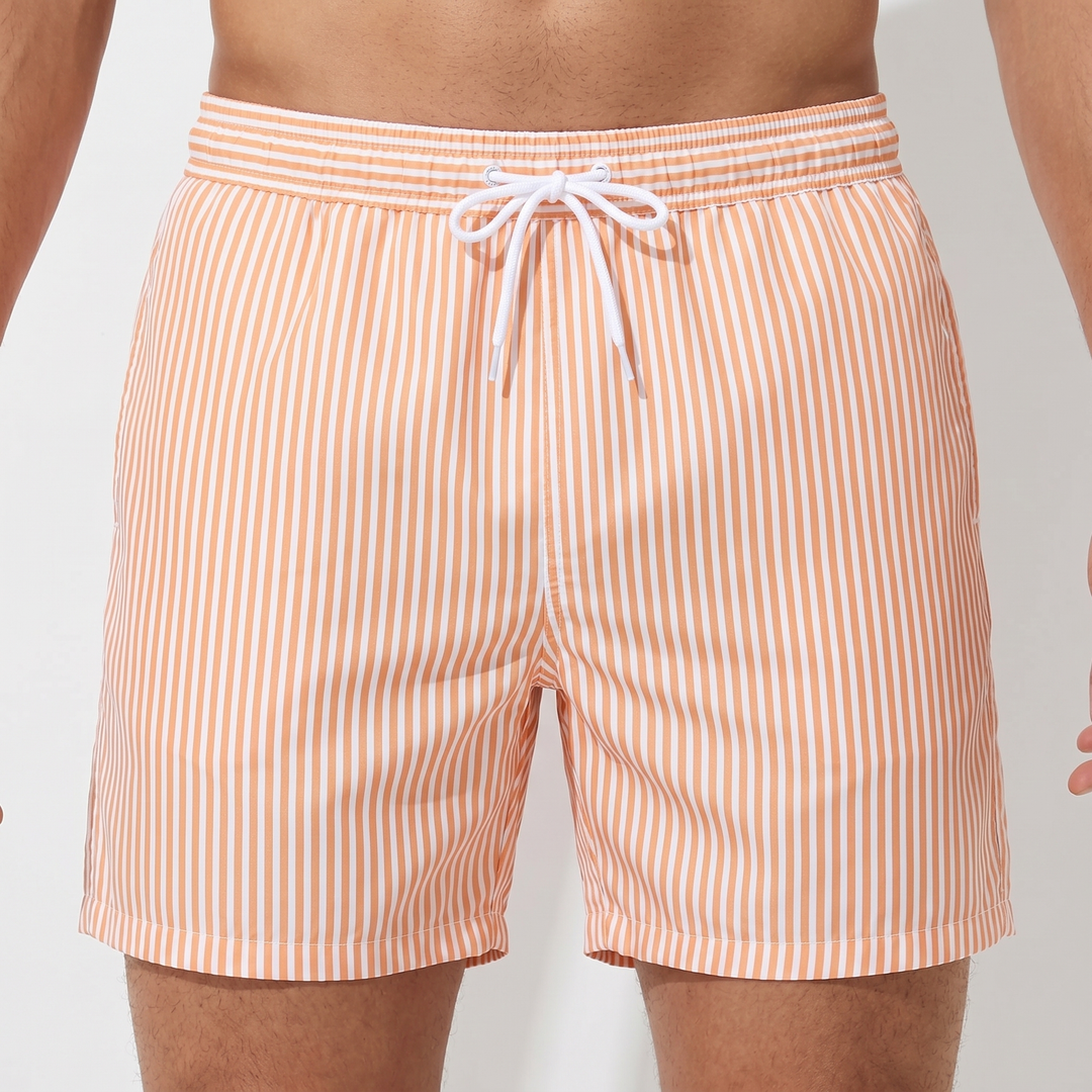 Men's Stripe Swim Shorts Quick-Dry Drawstring Beach Swimwear Trunks Short Length