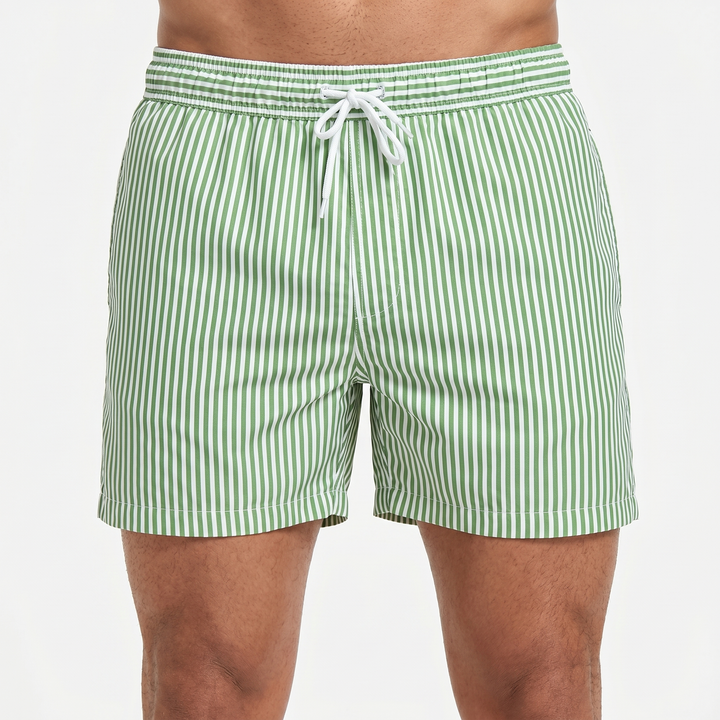 Men's Stripe Swim Shorts Quick-Dry Drawstring Beach Swimwear Trunks Short Length