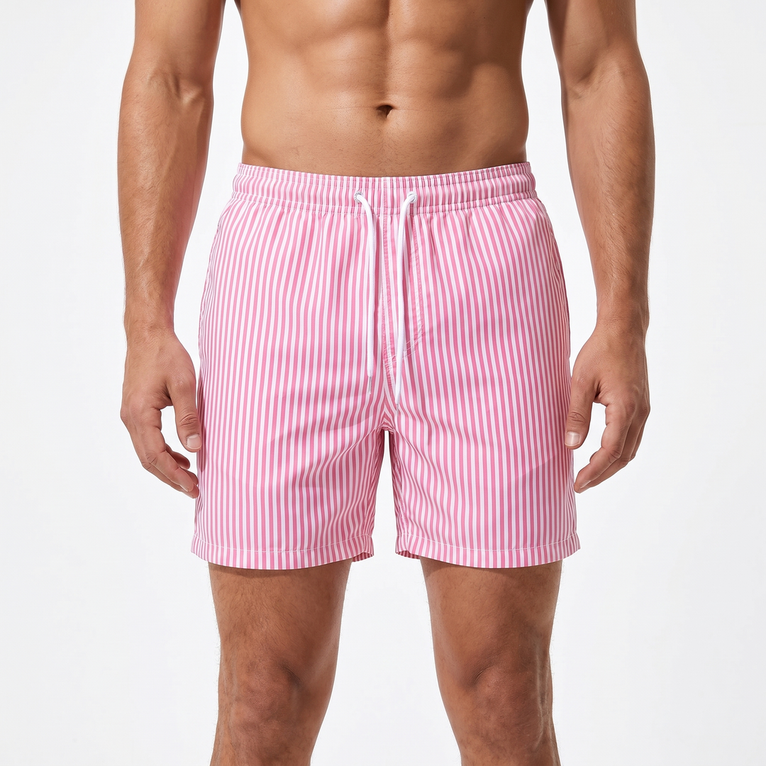 Men's Stripe Swim Shorts Quick-Dry Drawstring Beach Swimwear Trunks Short Length