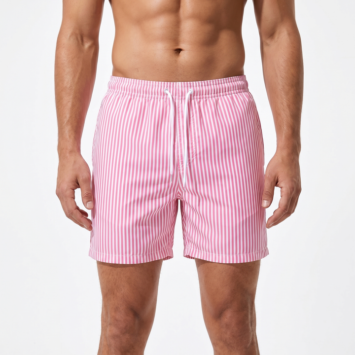 Men's Stripe Swim Shorts Quick-Dry Drawstring Beach Swimwear Trunks Short Length