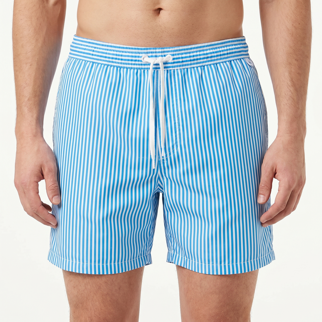 Men's Stripe Swim Shorts Quick-Dry Drawstring Beach Swimwear Trunks Short Length