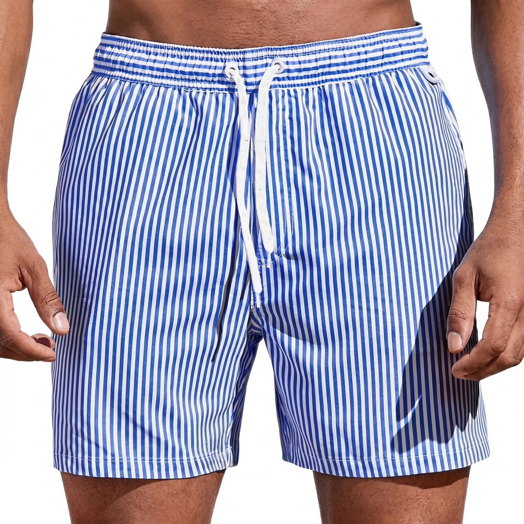 Men's Stripe Swim Shorts Quick-Dry Drawstring Beach Swimwear Trunks Short Length