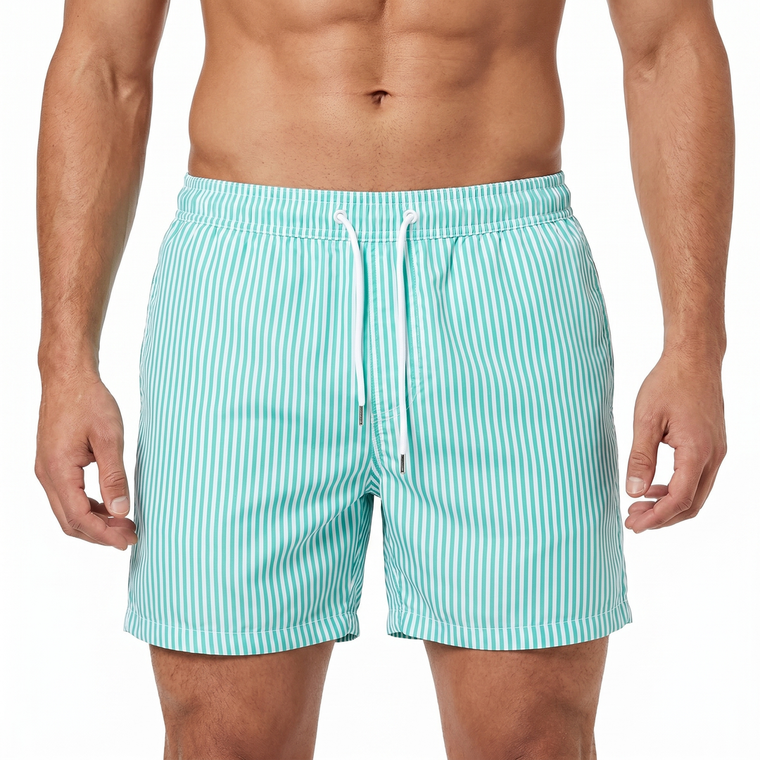 Men's Stripe Swim Shorts Quick-Dry Drawstring Beach Swimwear Trunks Short Length