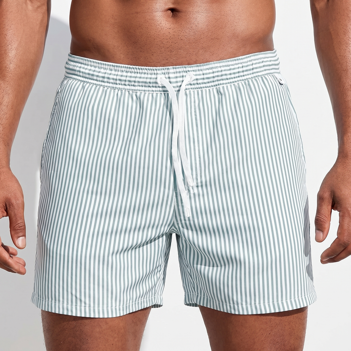 Men's Stripe Swim Shorts Quick-Dry Drawstring Beach Swimwear Trunks Short Length