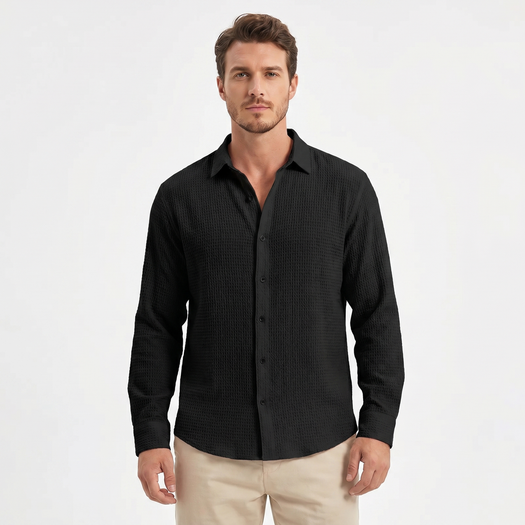 Men's Textured Cotton Long Sleeve Shirt Button-Down Relaxed Fit Casual Summer