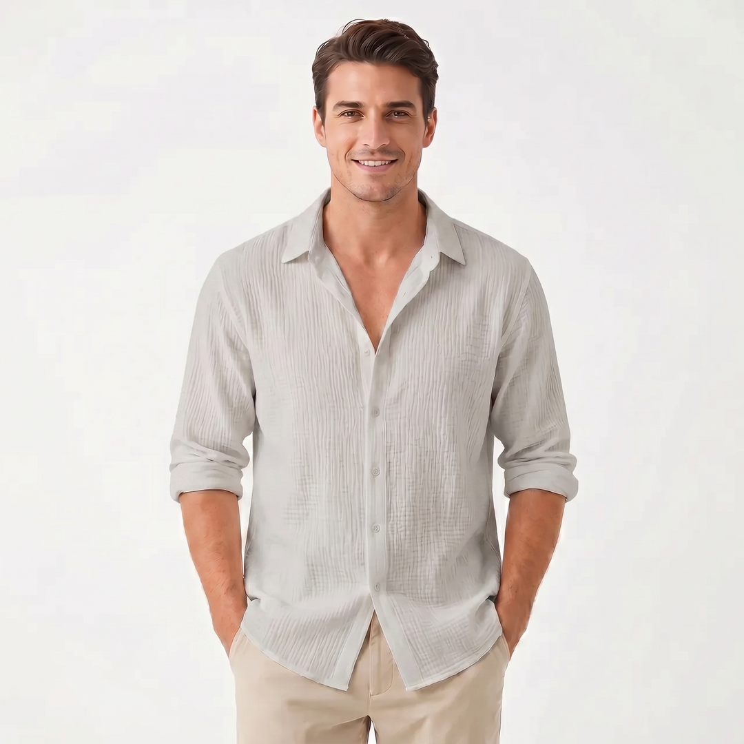 Men's Textured Cotton Long Sleeve Shirt Button-Down Relaxed Fit Casual Summer