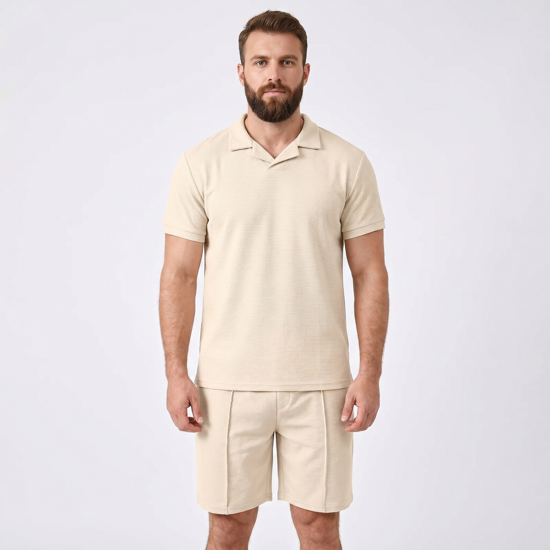 Men's Waffle Knit Two-Piece Set Polo Shirt Shorts Matching Casual Summer