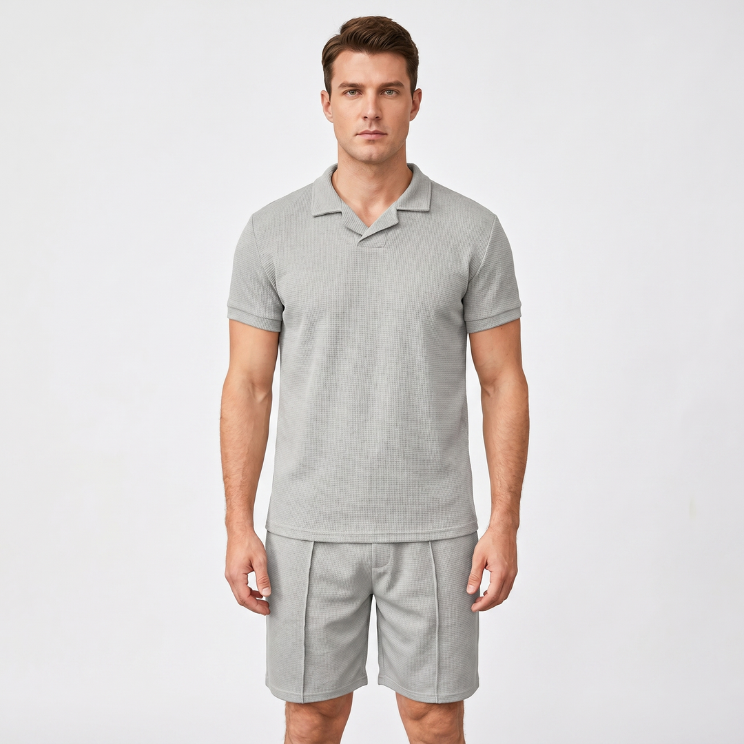 Men's Waffle Knit Two-Piece Set Polo Shirt Shorts Matching Casual Summer