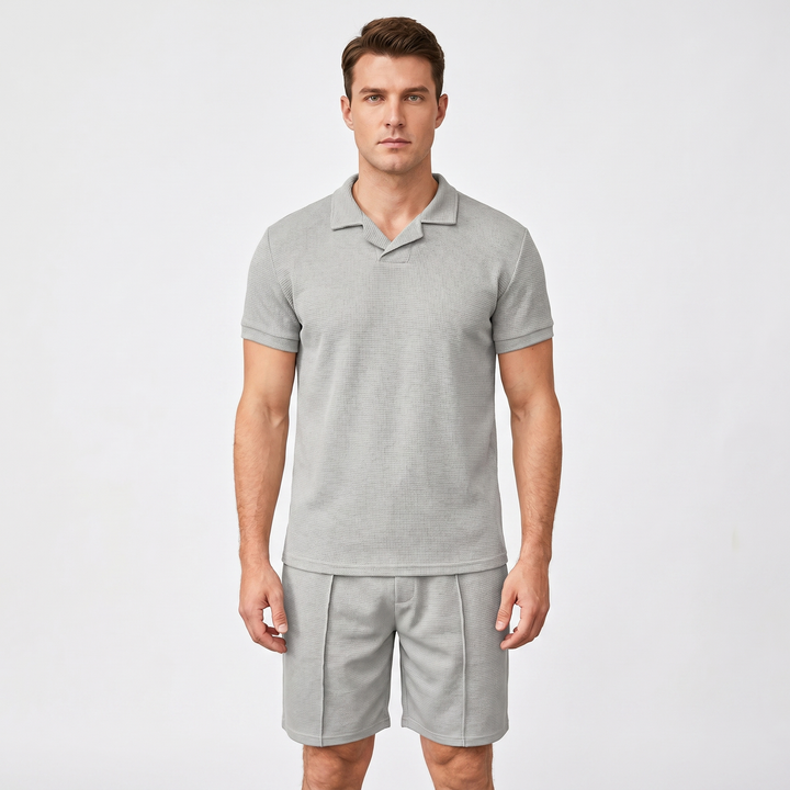 Men's Waffle Knit Two-Piece Set Polo Shirt Shorts Matching Casual Summer