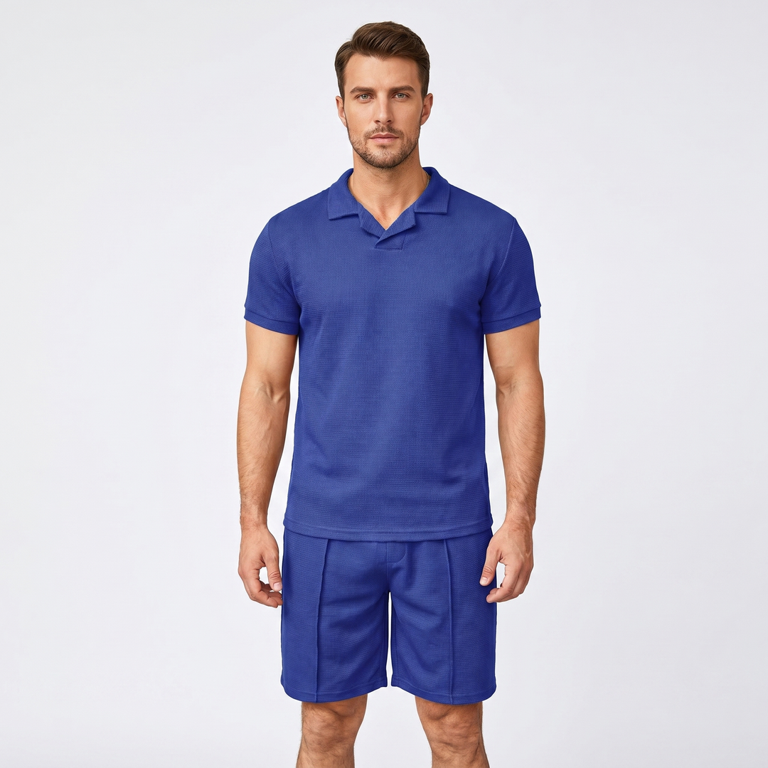 Men's Waffle Knit Two-Piece Set Polo Shirt Shorts Matching Casual Summer