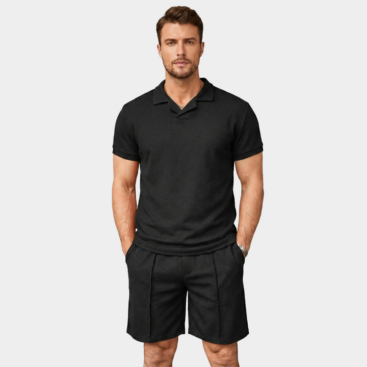 Men's Waffle Knit Two-Piece Set Polo Shirt Shorts Matching Casual Summer