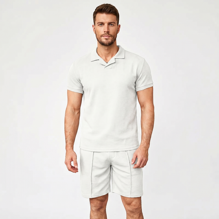 Men's Waffle Knit Two-Piece Set Polo Shirt Shorts Matching Casual Summer