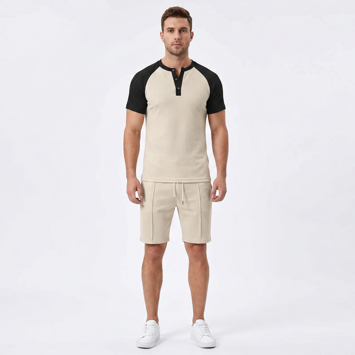 Men's Waffle Knit Two-Piece Set Colour Block Henley T-Shirt Drawstring Shorts