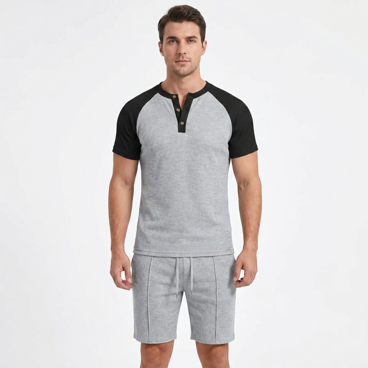Men's Waffle Knit Two-Piece Set Colour Block Henley T-Shirt Drawstring Shorts