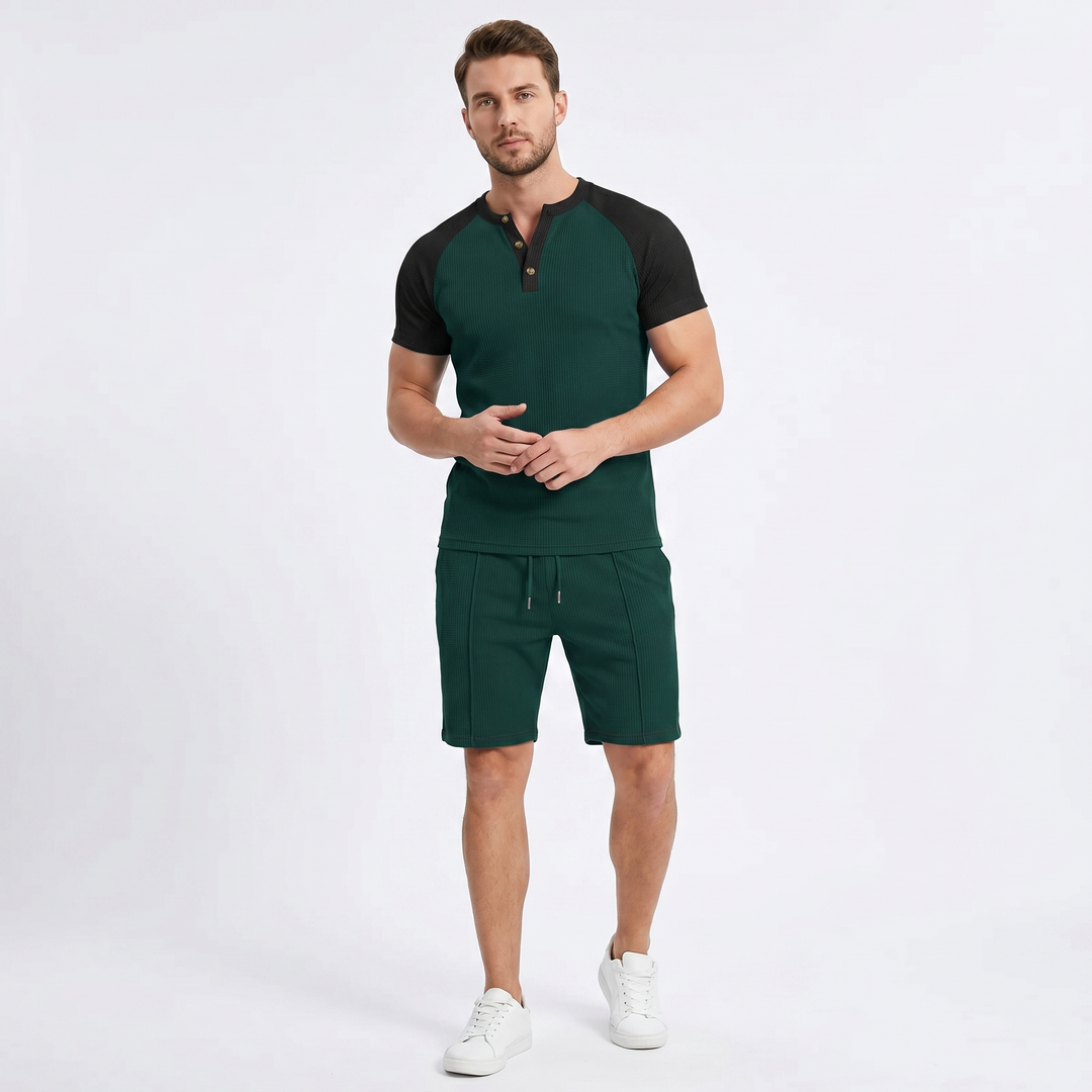 Men's Waffle Knit Two-Piece Set Colour Block Henley T-Shirt Drawstring Shorts