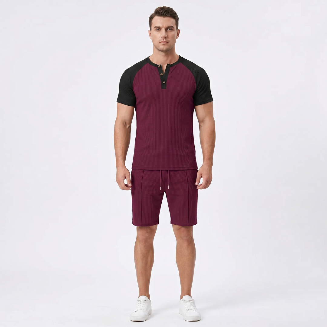 Men's Waffle Knit Two-Piece Set Colour Block Henley T-Shirt Drawstring Shorts