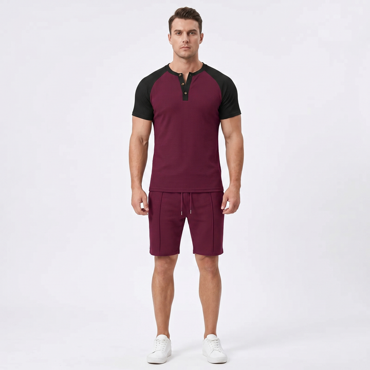 Men's Waffle Knit Two-Piece Set Colour Block Henley T-Shirt Drawstring Shorts