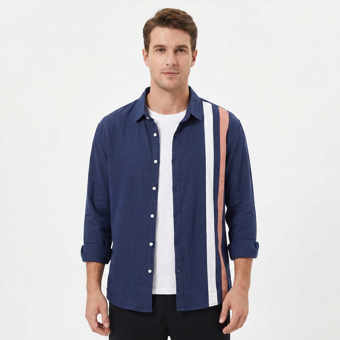 Men's Linen Stripe Panel Long Sleeve Shirt Button-Down Relaxed Fit Casual