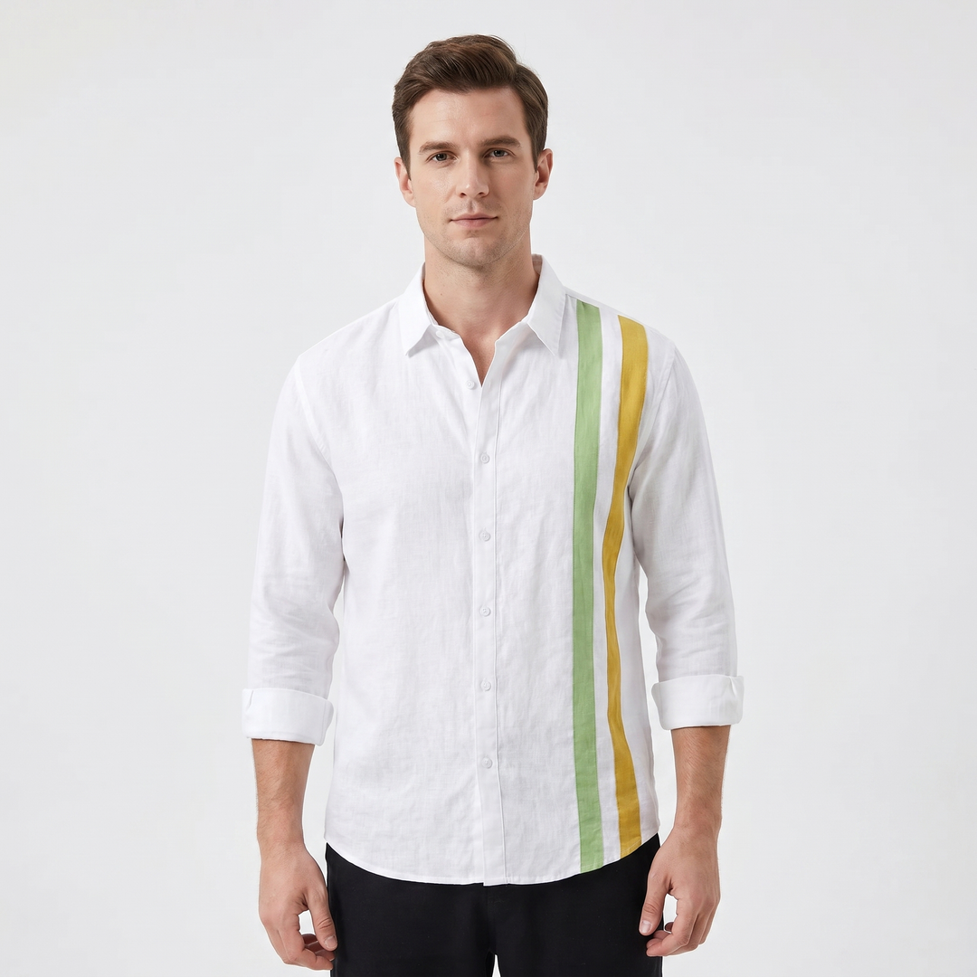 Men's Linen Stripe Panel Long Sleeve Shirt Button-Down Relaxed Fit Casual