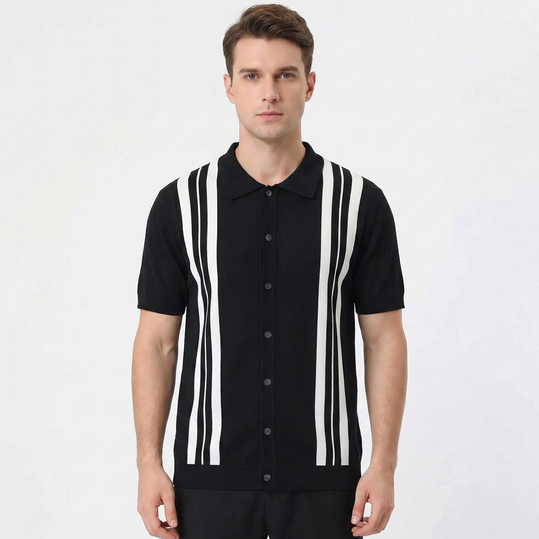 Men's Stripe Knit Polo Shirt Short Sleeve Button-Down Slim Fit Casual Summer
