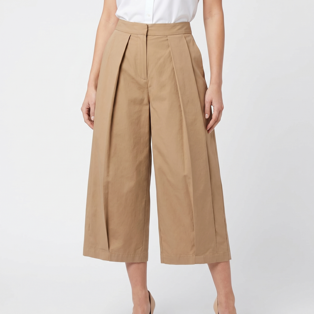 Women's Pleated Wide-Leg Cropped Trousers High Waist Structured Casual Chic