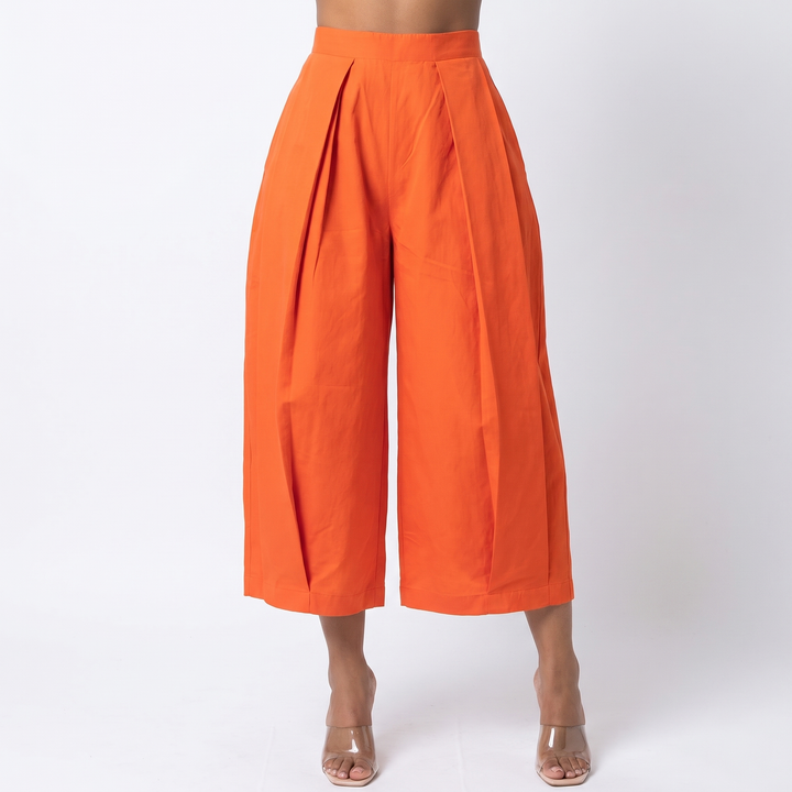 Women's Pleated Wide-Leg Cropped Trousers High Waist Structured Casual Chic