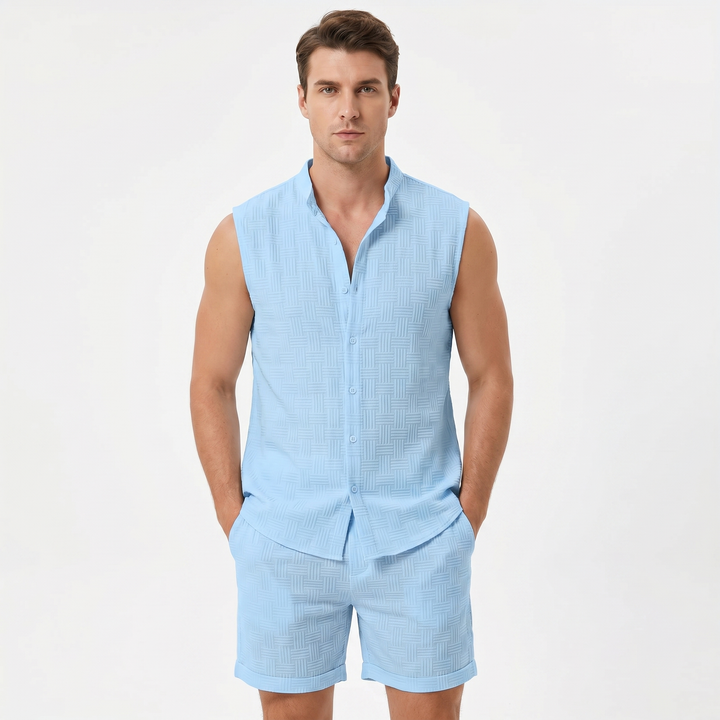 Men's Textured Two-Piece Set Sleeveless Shirt Shorts Band Collar Summer Casual