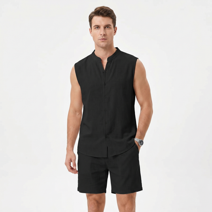 Men's Textured Two-Piece Set Sleeveless Shirt Shorts Band Collar Summer Casual