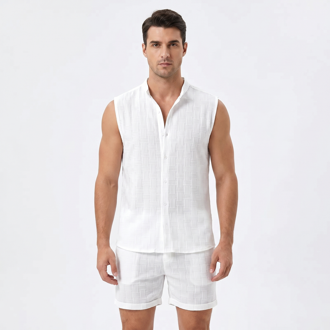 Men's Textured Two-Piece Set Sleeveless Shirt Shorts Band Collar Summer Casual