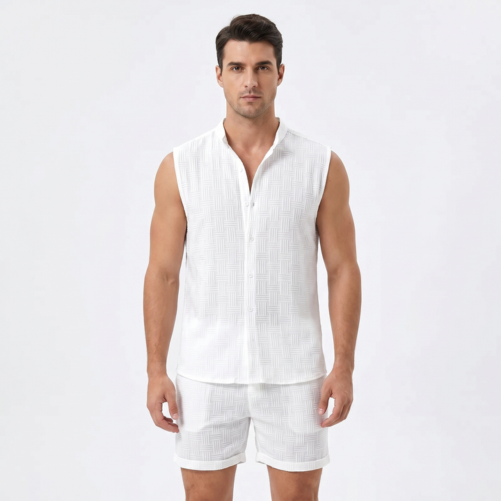 Men's Textured Two-Piece Set Sleeveless Shirt Shorts Band Collar Summer Casual