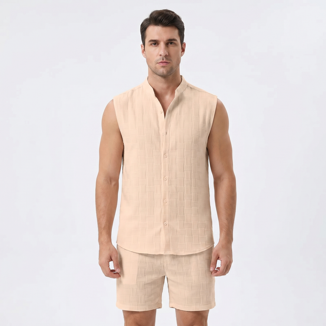 Men's Textured Two-Piece Set Sleeveless Shirt Shorts Band Collar Summer Casual